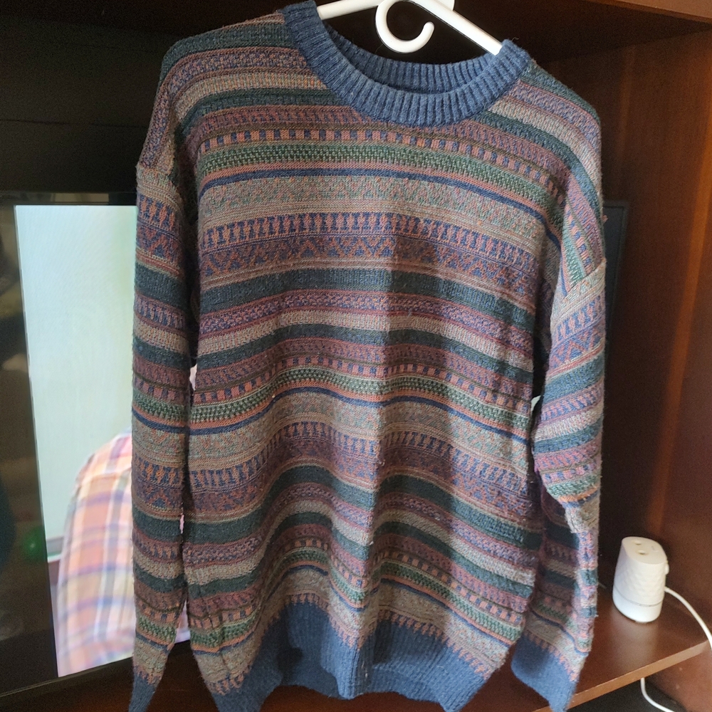 Men's Striped Crewneck Sweater - Blue and Green